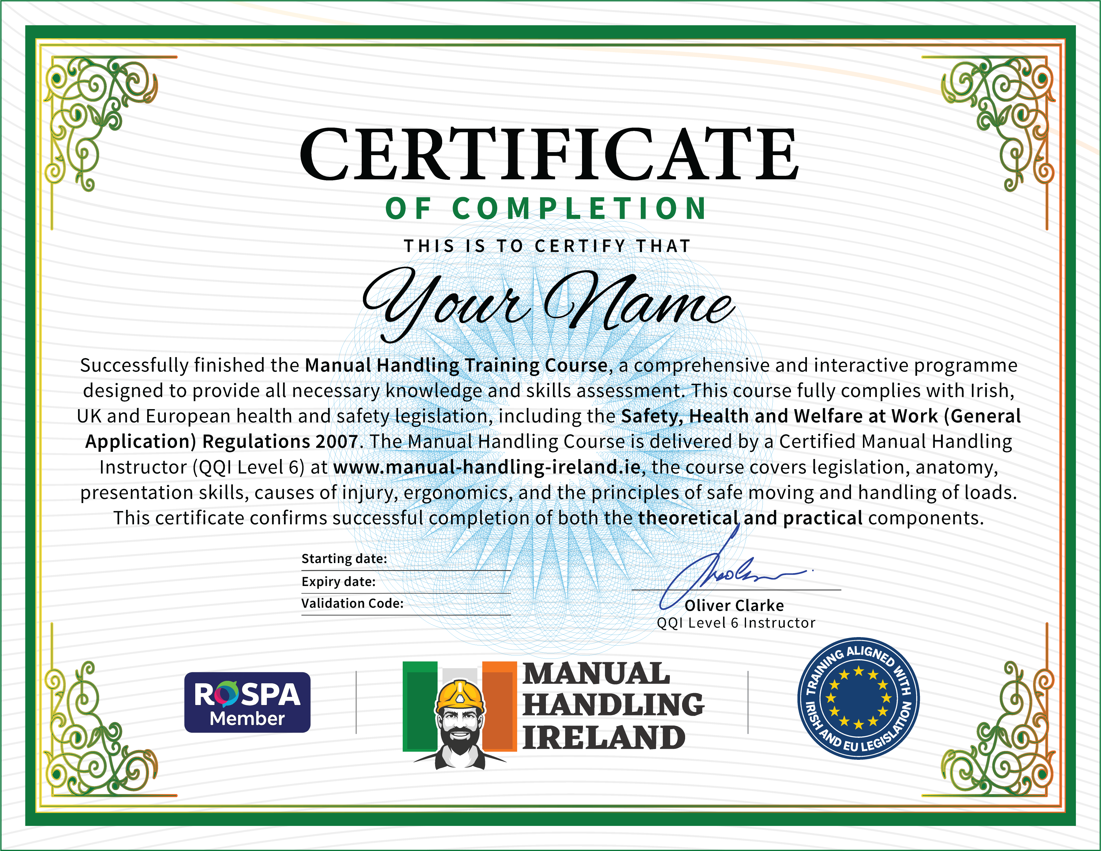 Manual Handling Certificate Example - QQI Accredited, RoSPA Approved, Manual Handling Ireland